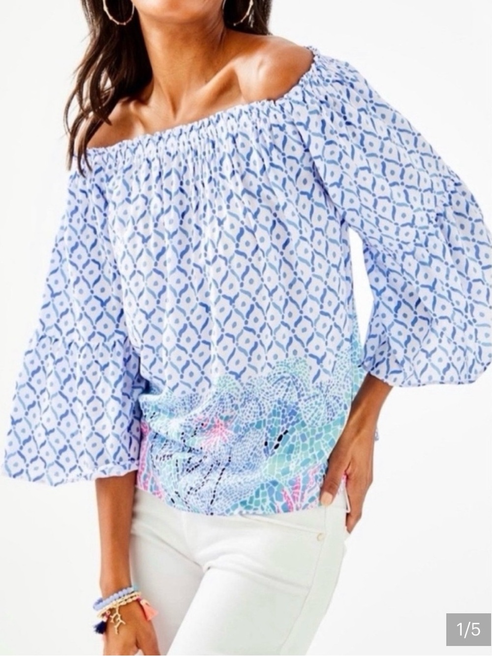 EUC Lilly Pulitzer Nevie off the shoulder blouse size XS in Sea La Vie print
